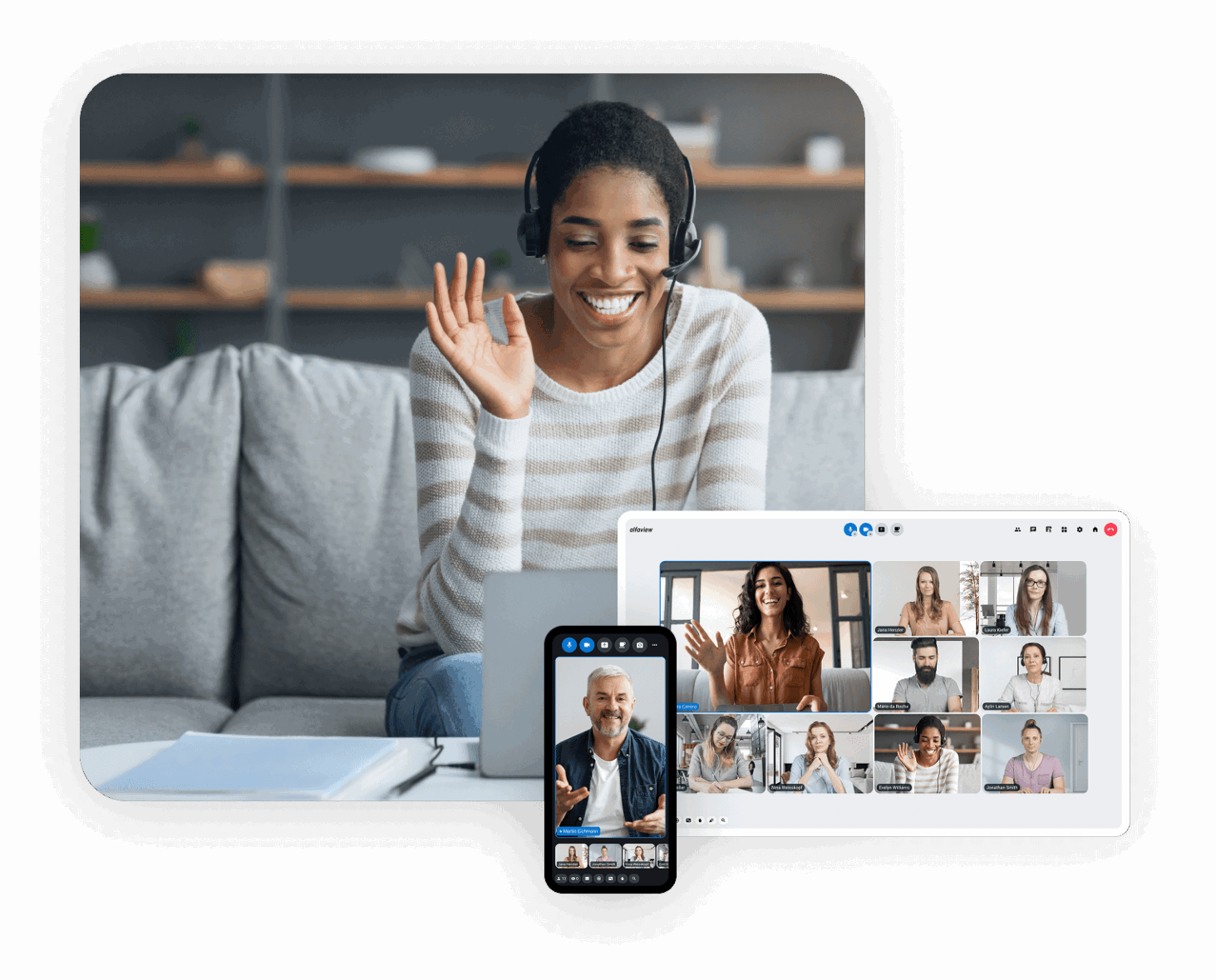 A smiling woman wearing a headset waves at her laptop during a video conference; in the foreground, other meeting participants are shown on a tablet and smartphone using a picture-in-picture effect.