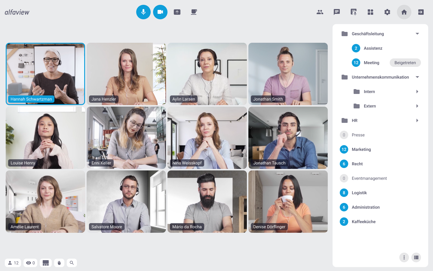 Screenshot of the alfaview video conferencing software showing a tiled view of twelve participants and a list of participants on the side
